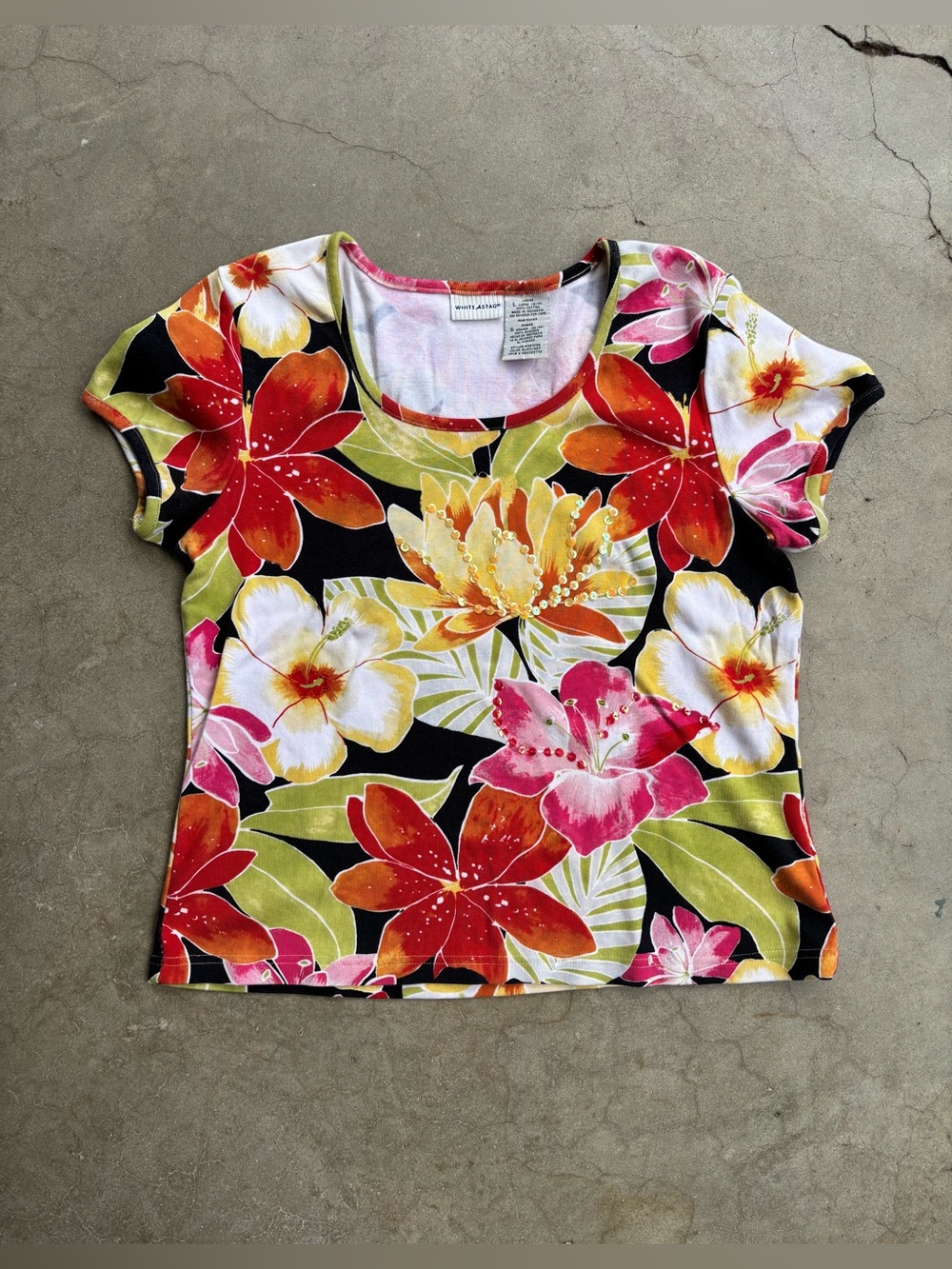 Bold White Stag Large Tropical Floral Embroidered Beaded Sequin Top Women’s L